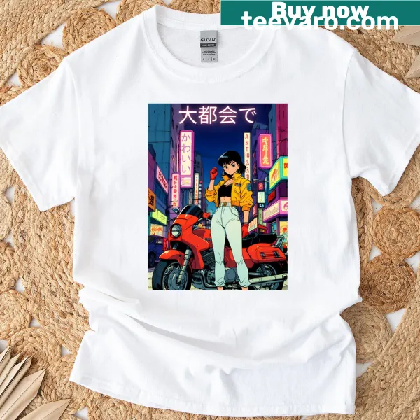 Illustrated t-shirt featuring an anime girl on a motorcycle