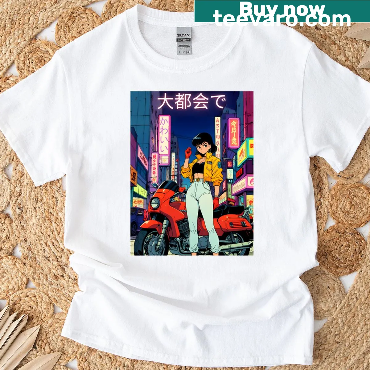 Illustrated t-shirt featuring an anime girl on a motorcycle — on a men's t-shirt