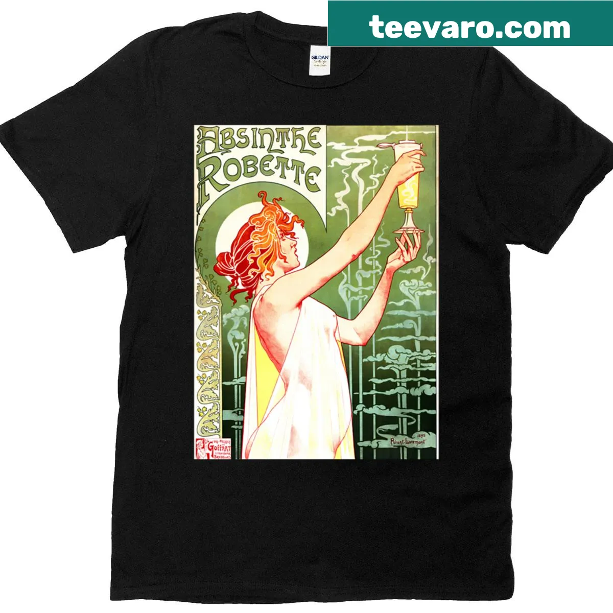 Illustrated T-shirt featuring Absinthe Robette by Henri Privat Livemont — on a men's t-shirt