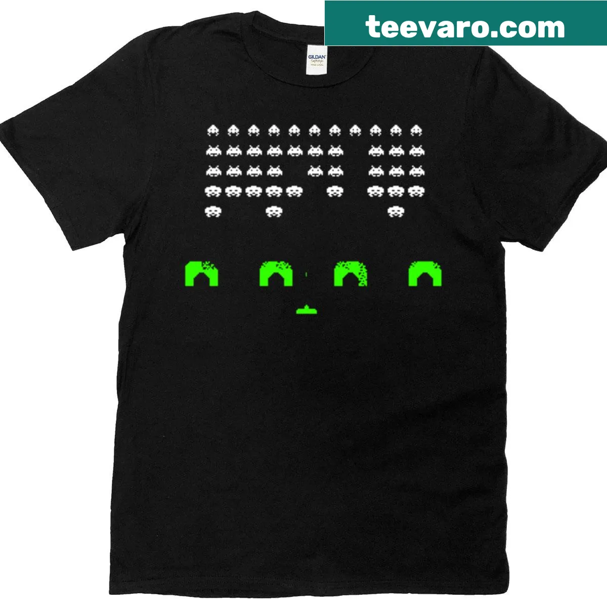 Alien spaceship graphic with retro gaming elements on T-shirt — on a men's t-shirt
