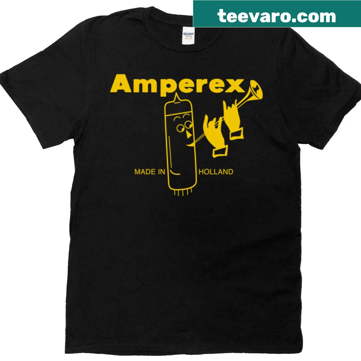 Playful illustration of the Amperex Bugle Boy Tube logo. — on a men's t-shirt