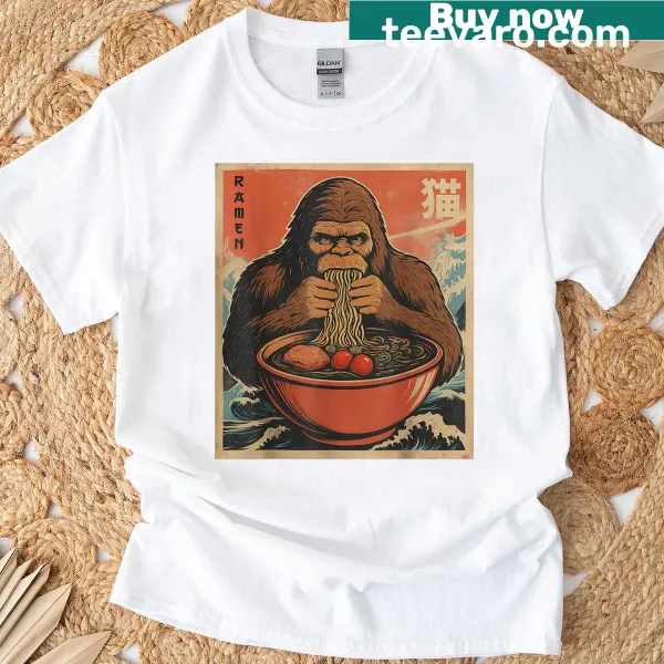 Kawaii style T-shirt featuring an anime Bigfoot and ramen graphic