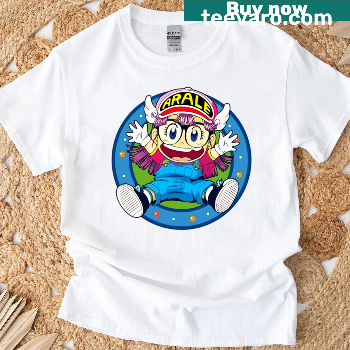 Illustration T-shirt featuring Arale Norimaki from Dr. Slump — on a men's t-shirt