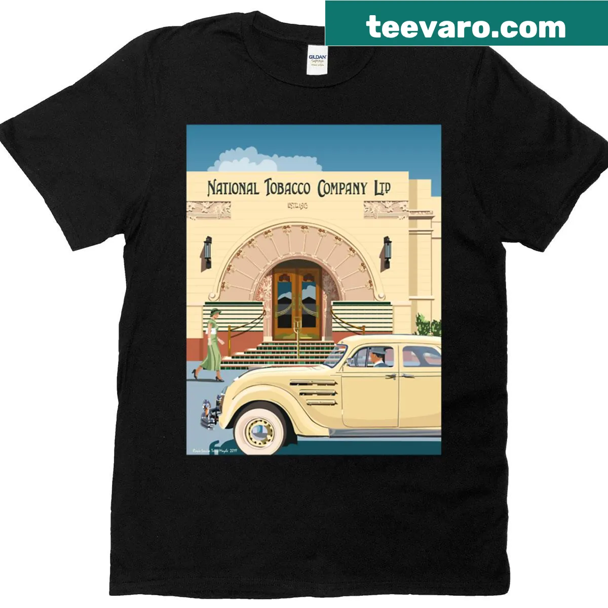 Illustration of the Art Deco Napier Tobacco Building with Chrysler Airflow. — on a men's t-shirt