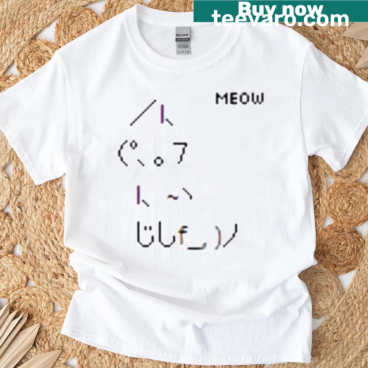 Graphic t-shirt featuring an ASCII cat design with 'Meow' text — on a men's t-shirt
