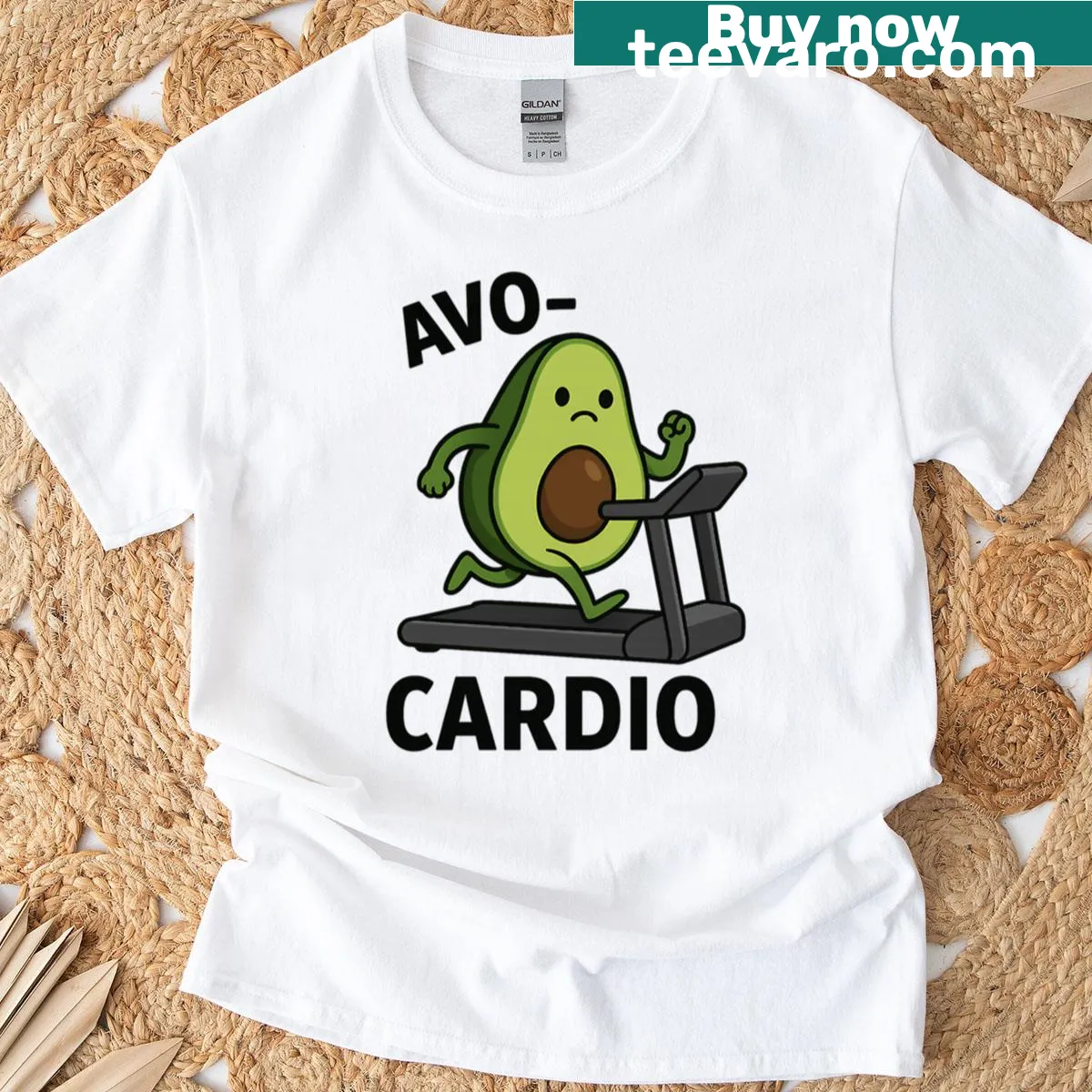 Funny avocado fitness t-shirt with cartoon design — on a men's t-shirt