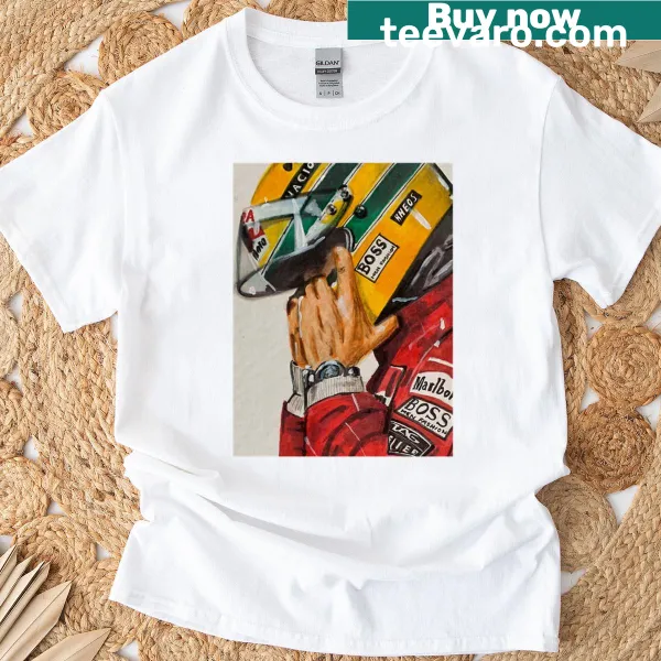 Ayrton Senna tribute t-shirt featuring dynamic racing graphics