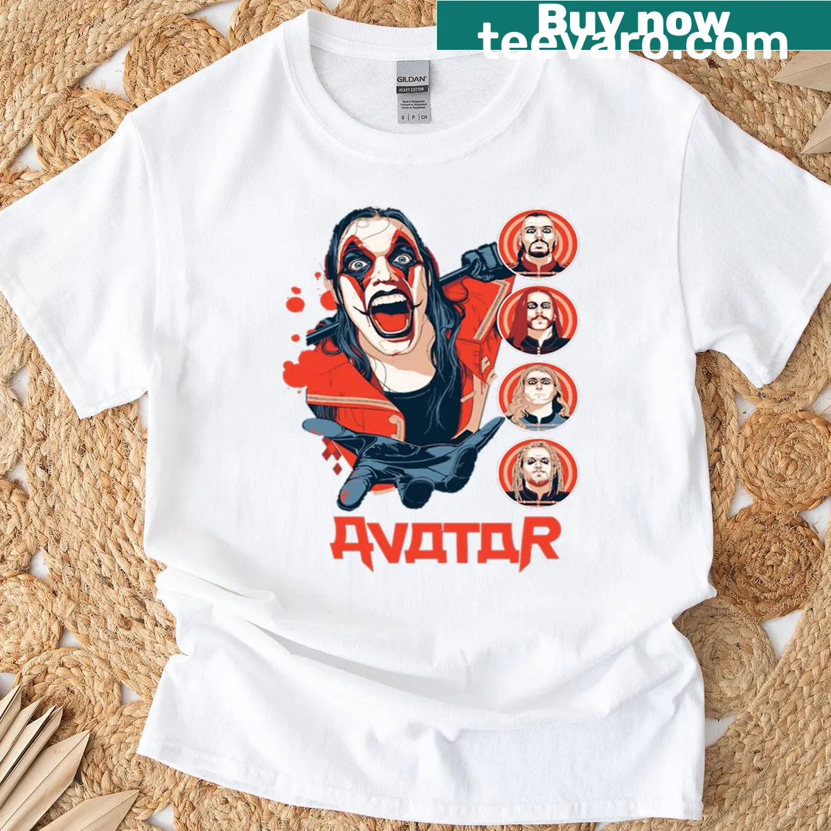 T-shirt featuring bold band avatar graphic — on a men's t-shirt