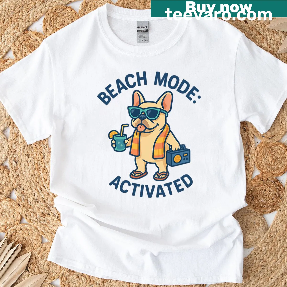 Cartoon T-shirt featuring a French Bulldog with a boombox, perfect for beach vibes — on a men's t-shirt