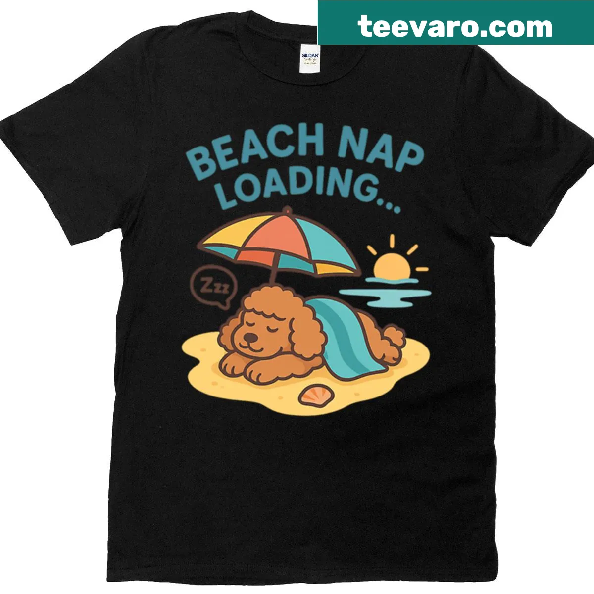 Cartoon dog napping on beach T-shirt — on a men's t-shirt