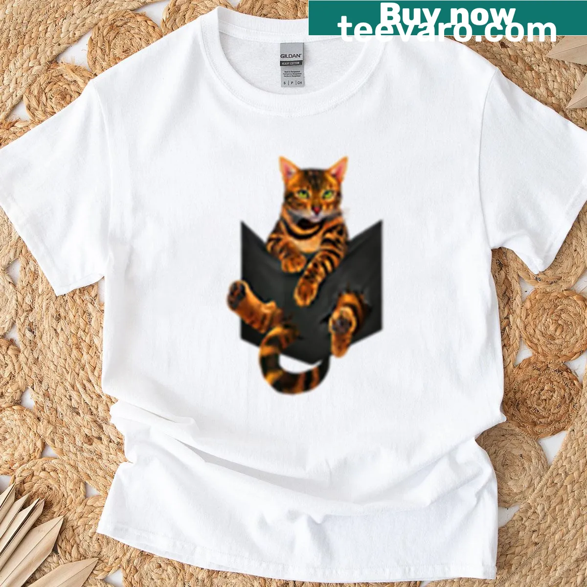 Vintage Bengal cat pocket t-shirt with cartoon design — on a men's t-shirt