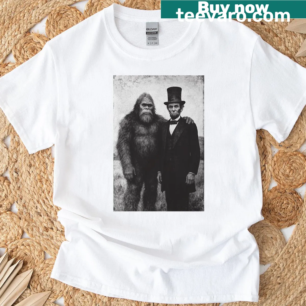 Illustration t-shirt featuring Bigfoot and Abraham Lincoln — on a men's t-shirt