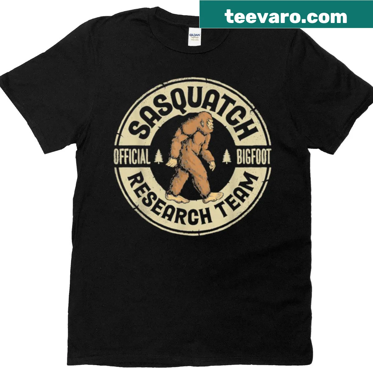 Retro Bigfoot Research Team shirt featuring a whimsical Sasquatch design. — on a men's t-shirt