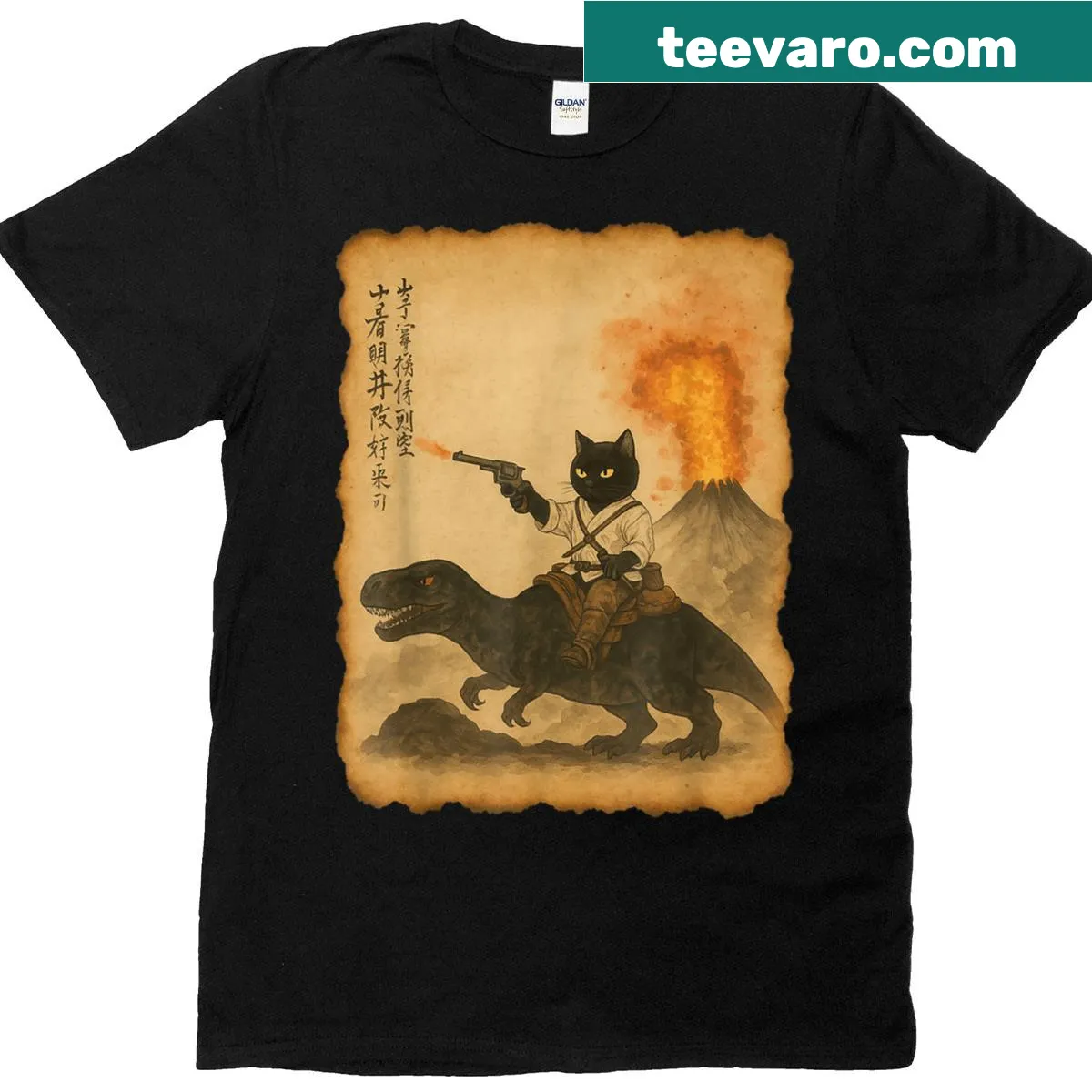 Whimsical graphic of a black cat samurai on a dinosaur T-shirt — on a men's t-shirt