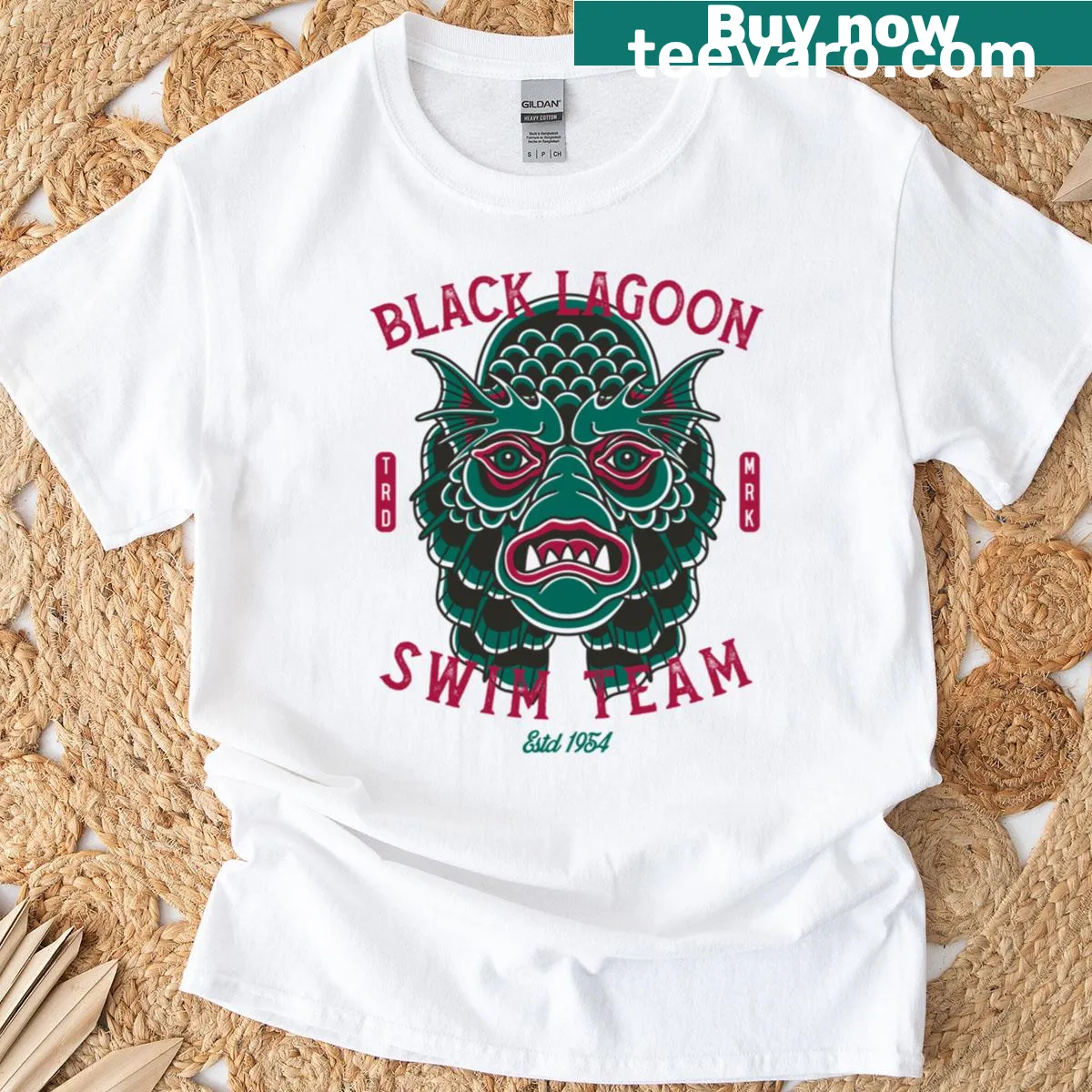 Vintage tattoo-style Black Lagoon Swim Team T-shirt — on a men's t-shirt