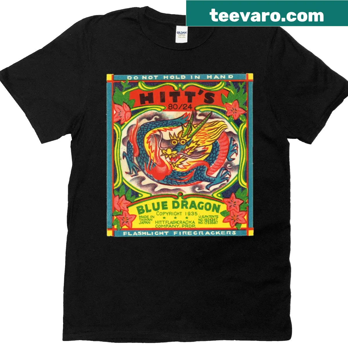 Vintage-inspired T-shirt featuring a blue dragon and fireworks from 1935 — on a men's t-shirt