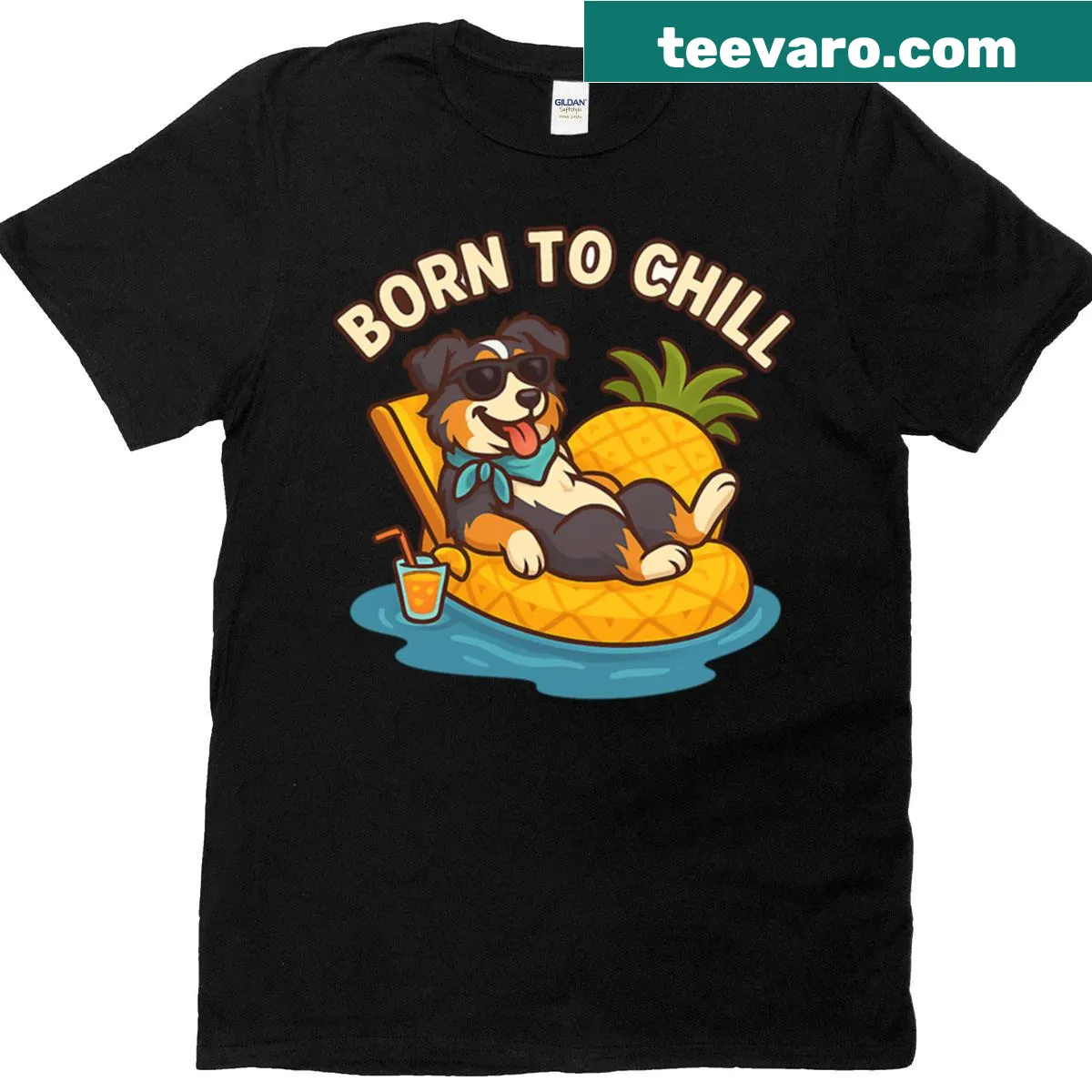 Cartoon design of a dog on a pineapple float T-shirt — on a men's t-shirt