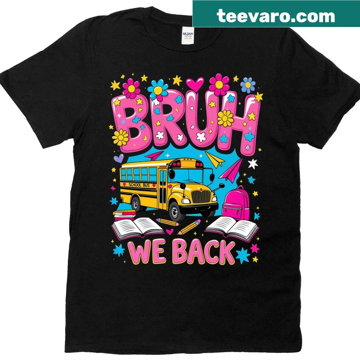 Humorous 'Bruh We Back' t-shirt for school bus drivers — on a men's t-shirt