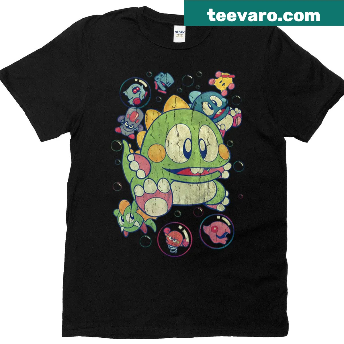 Vintage Bubble Bobble t-shirt featuring iconic game characters — on a men's t-shirt