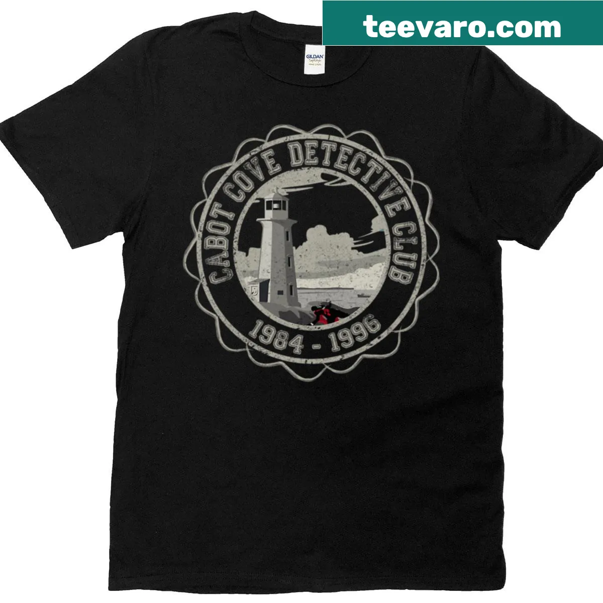 Vintage-style t-shirt featuring a lighthouse and murder mystery theme — on a men's t-shirt