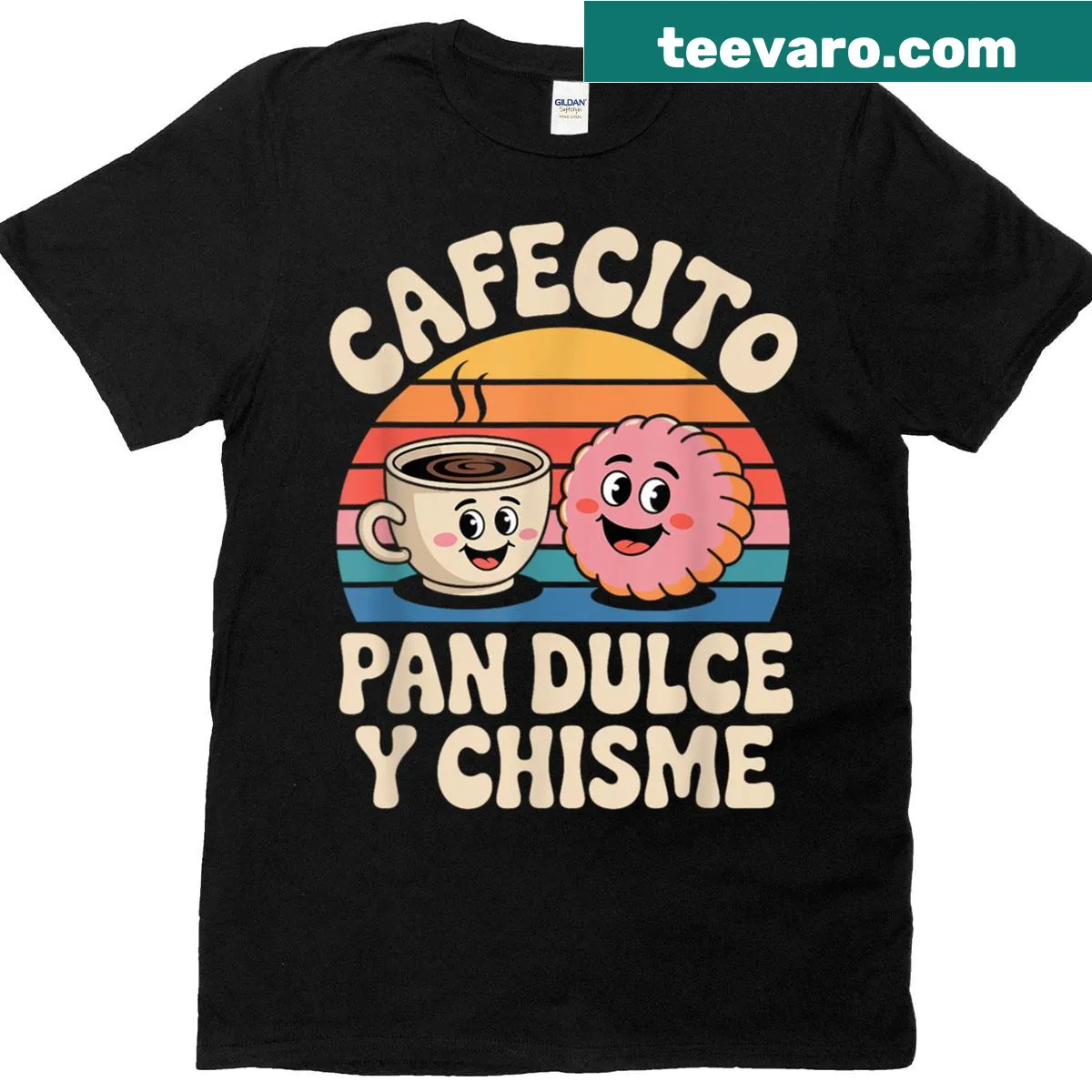 Funny cartoon of cafecito and pan dulce on T-shirt — on a men's t-shirt