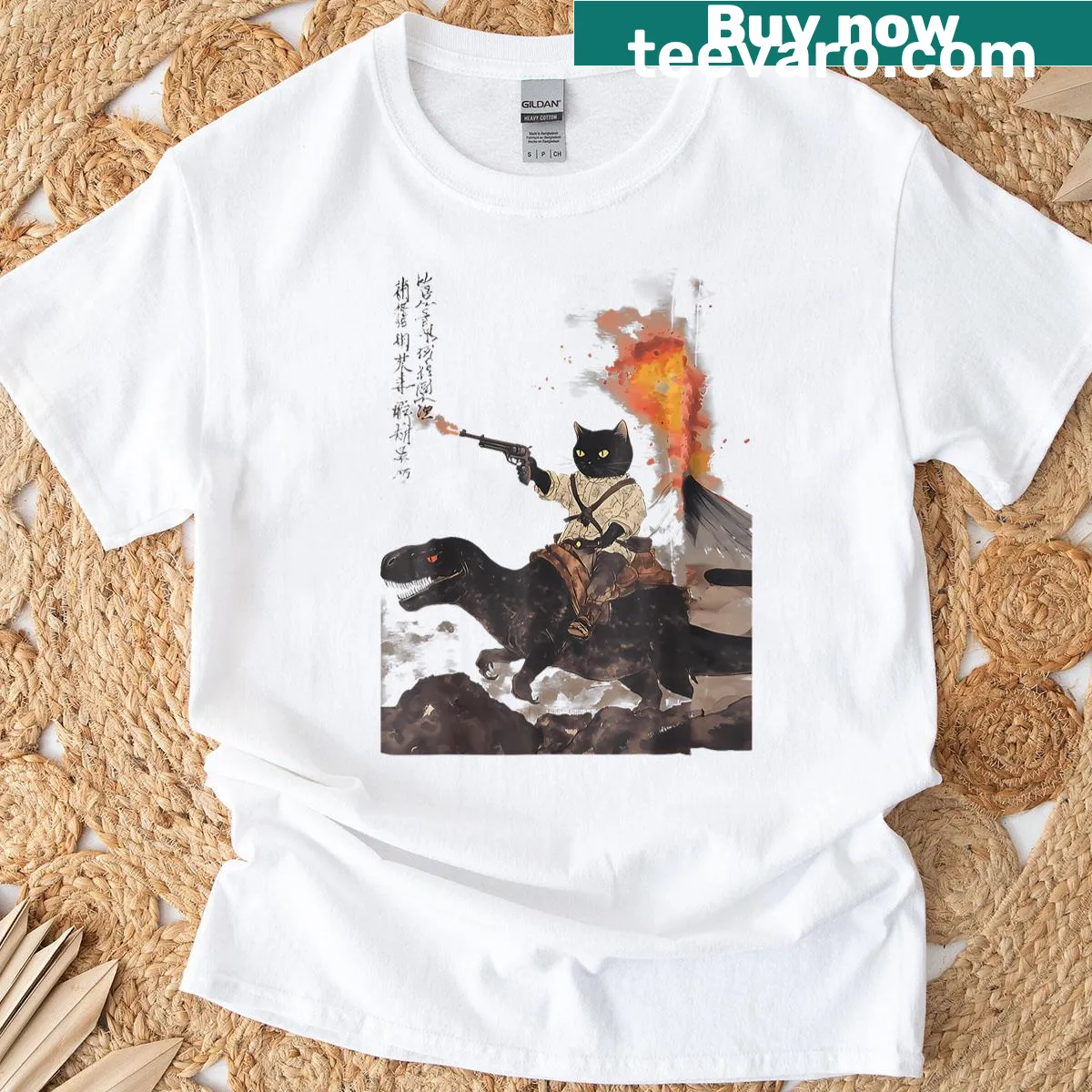 Whimsical T-shirt featuring a cat, dinosaur, and volcanic eruption illustration — on a men's t-shirt