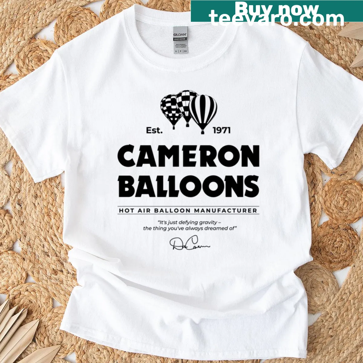 Vintage-style T-shirt with hot air balloon graphic and humorous text — on a men's t-shirt