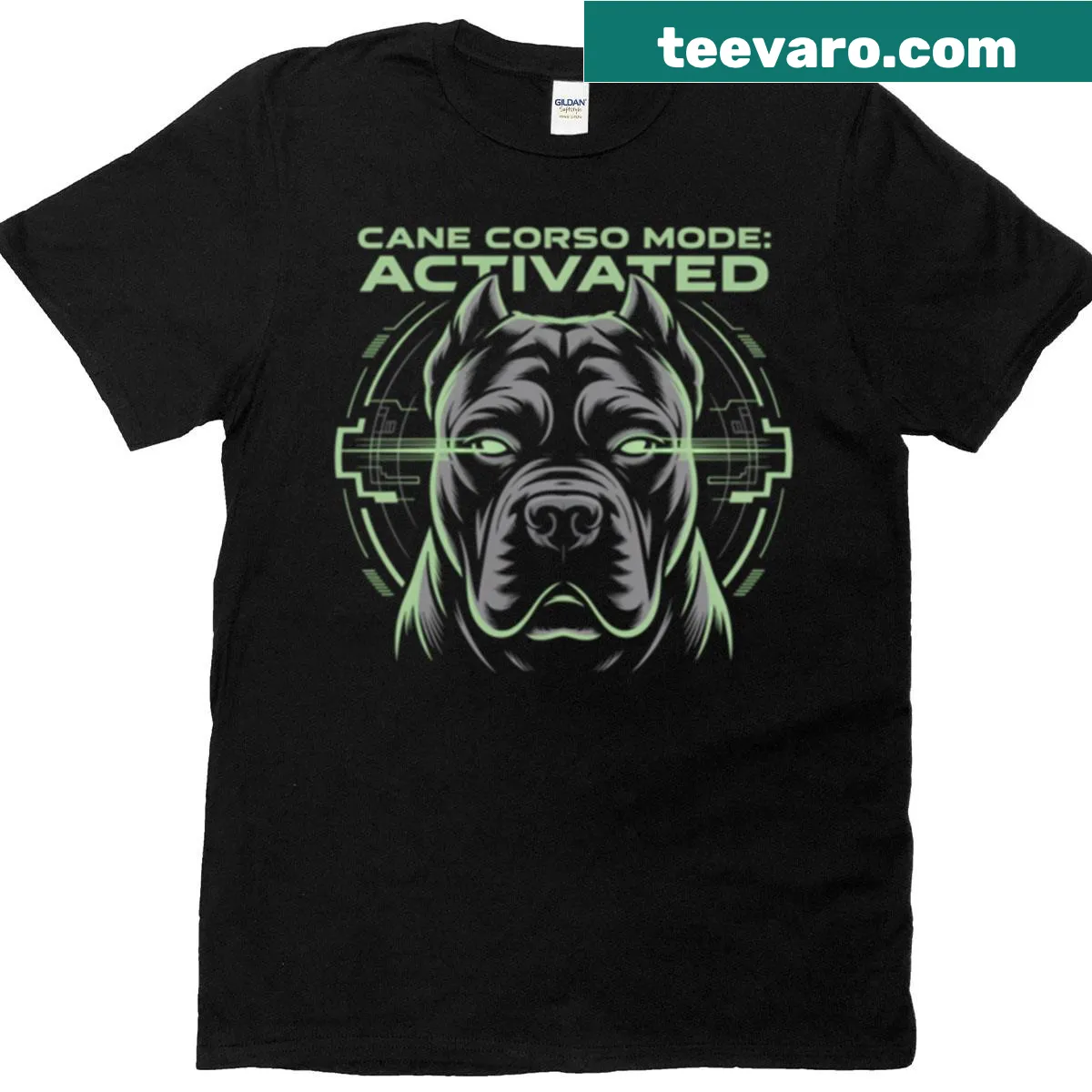 Cane Corso t-shirt with playful 'Mode Activated' graphic — on a men's t-shirt