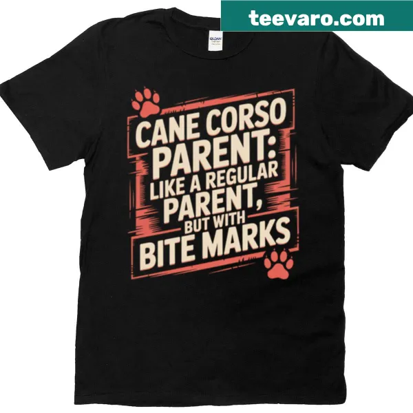 Humorous Cane Corso parent shirt with bite marks graphic