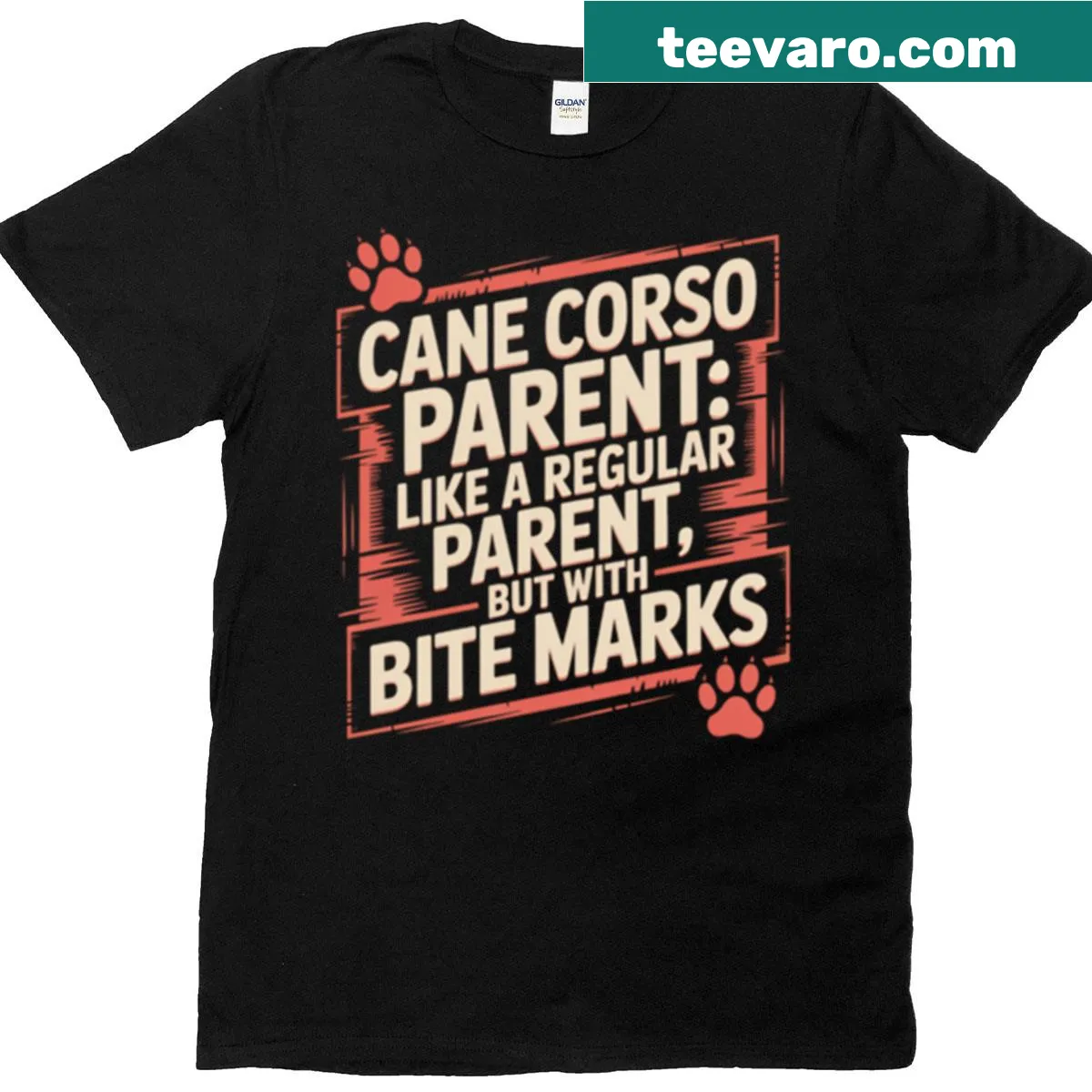 Humorous Cane Corso parent shirt with bite marks graphic — on a men's t-shirt