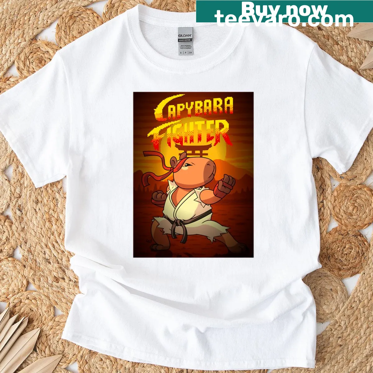 Retro pixel art of a capybara fighter on a T-shirt — on a men's t-shirt