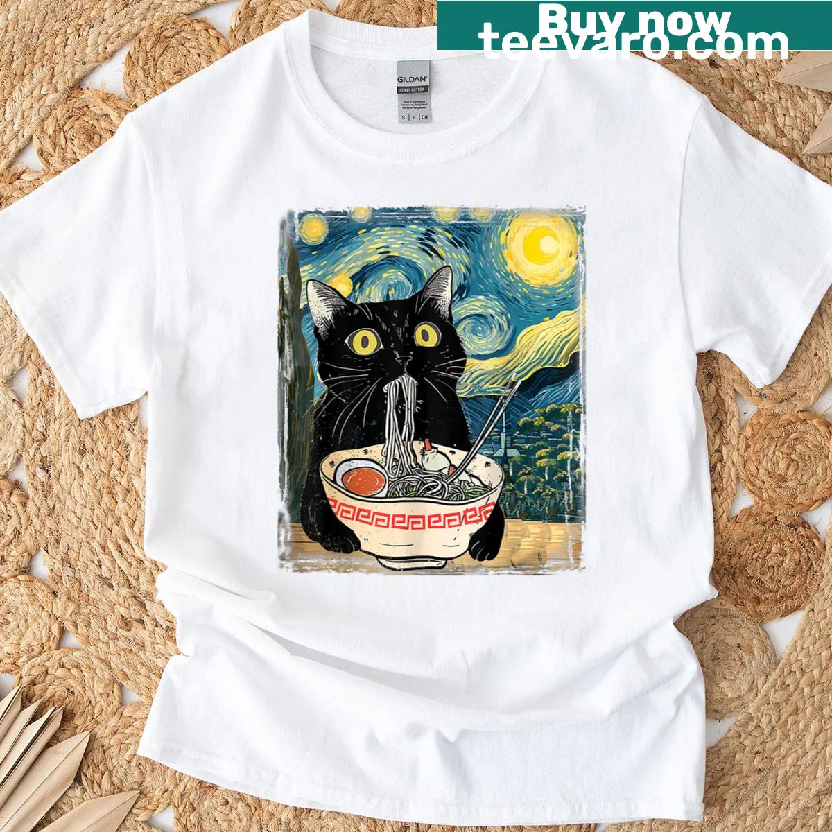Anime cat enjoying ramen in a Van Gogh style graphic on t-shirt — on a men's t-shirt