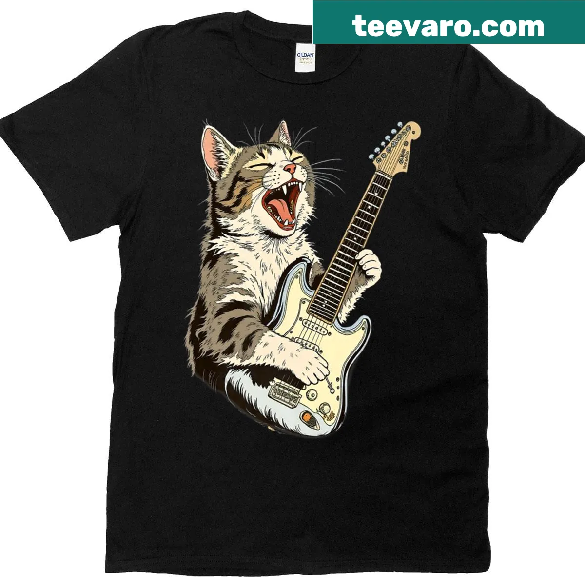 Premium T-shirt with a cat playing guitar for music lovers — on a men's t-shirt