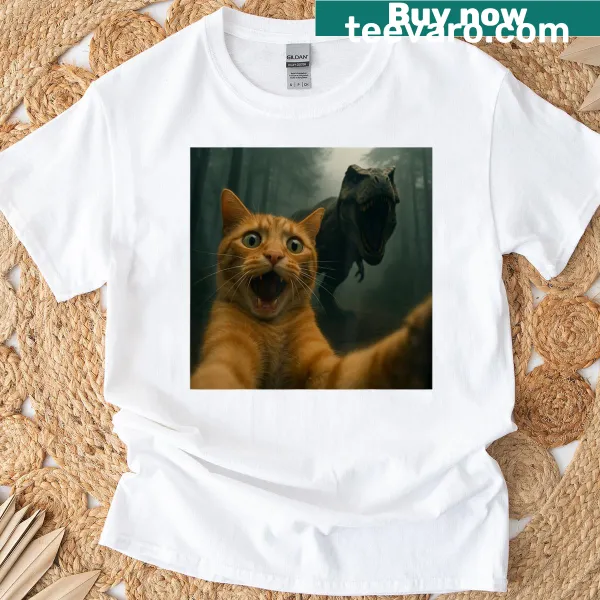 Funny cartoon T-shirt featuring a cat with a T-rex dinosaur