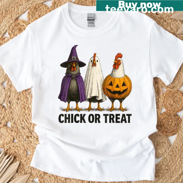 Funny Halloween Chicken Chick Or Treat design on a T-shirt