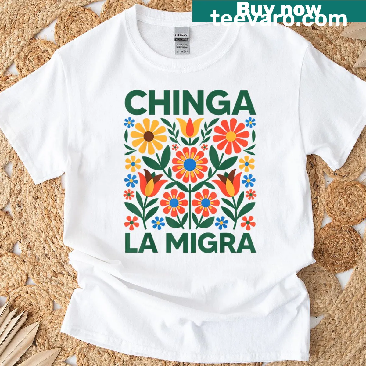 Retro floral design T-shirt with cultural messaging — on a men's t-shirt