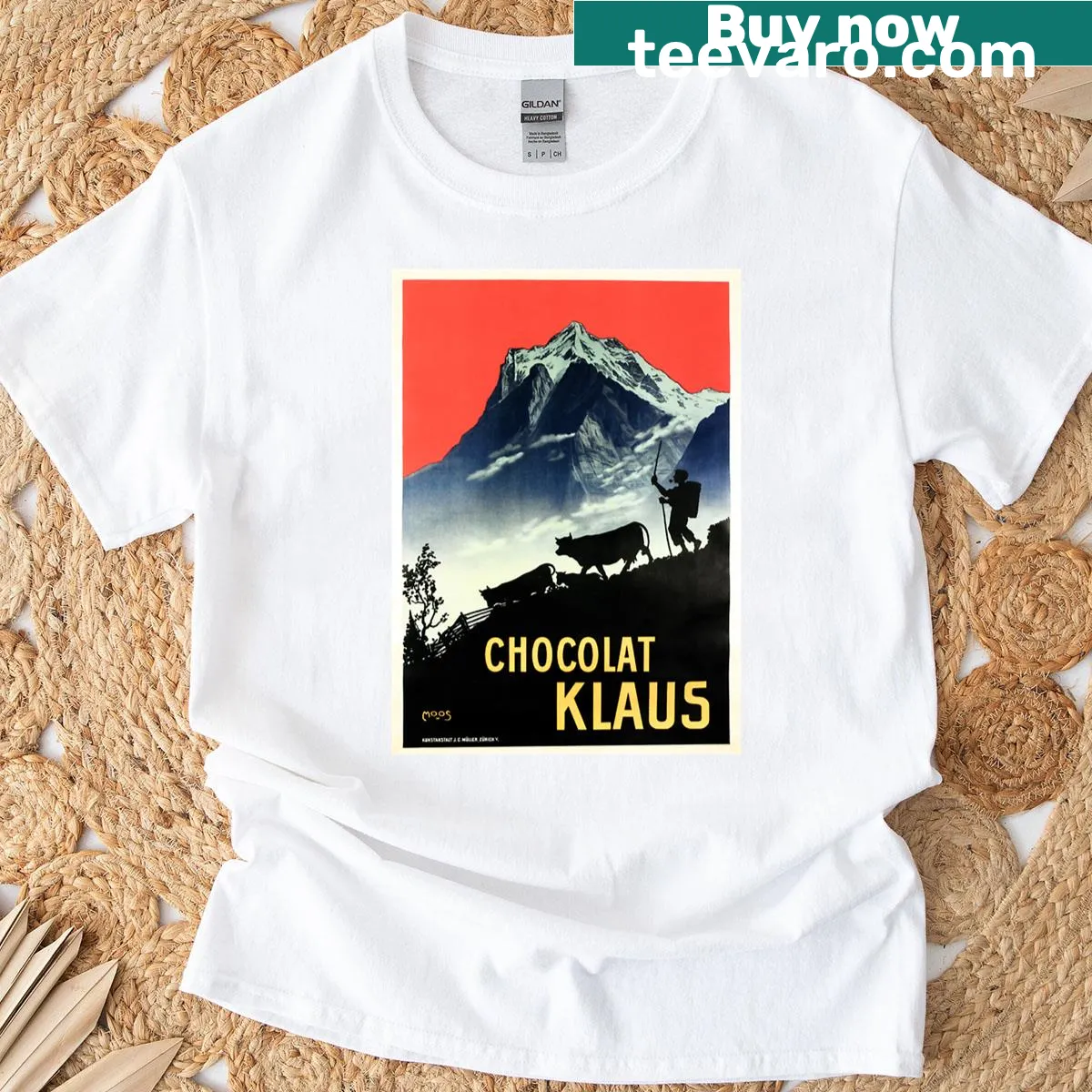 Vintage Swiss chocolate advertisement graphic T-shirt — on a men's t-shirt