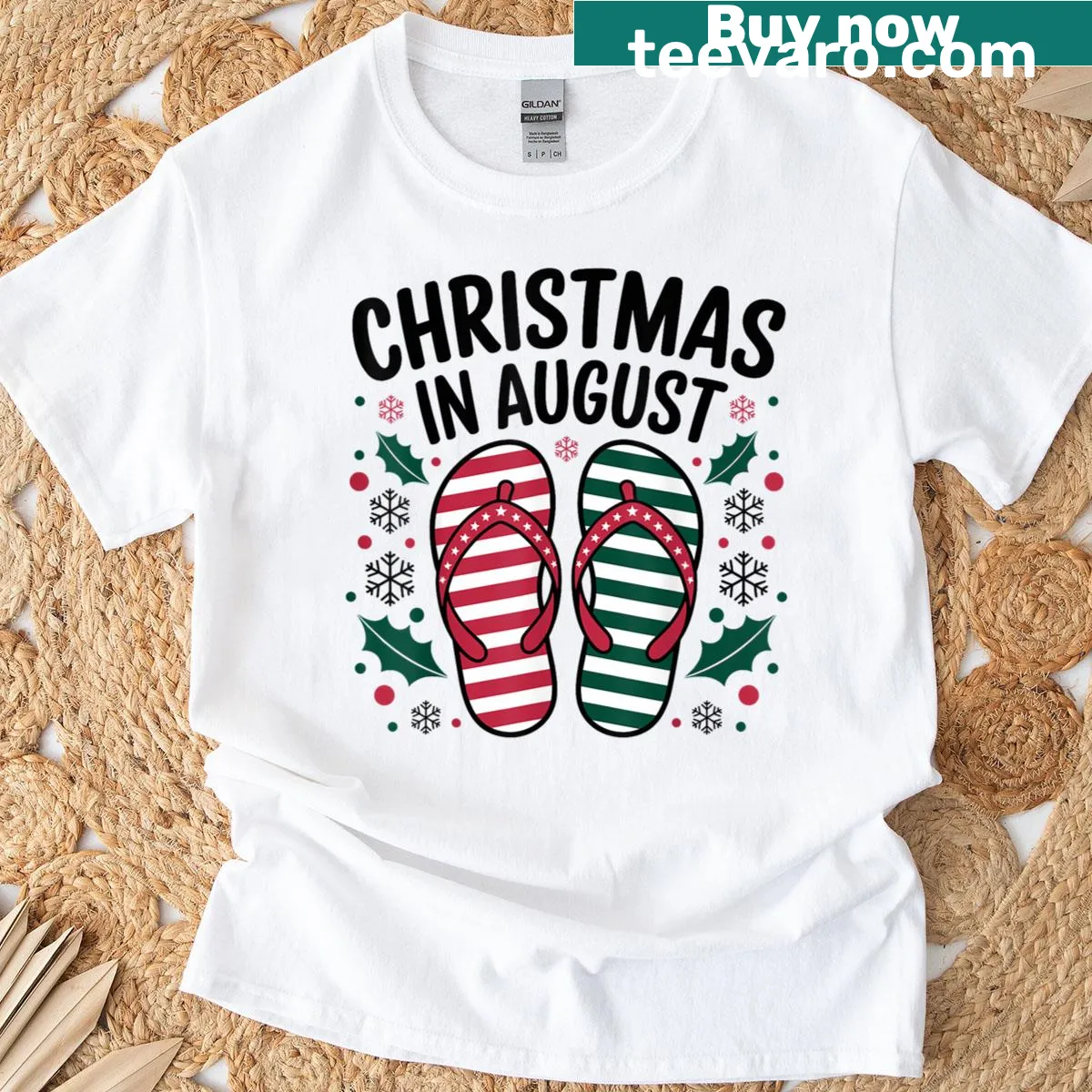 T-shirt celebrating 'Christmas in August' with a playful design. — on a men's t-shirt