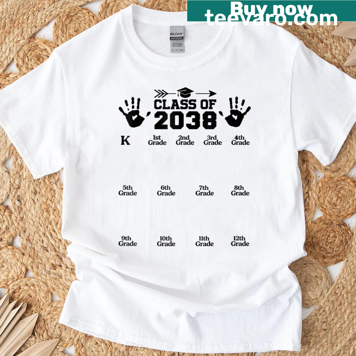 Illustrated handprint design for Class of 2038 graduation T-shirt — on a men's t-shirt