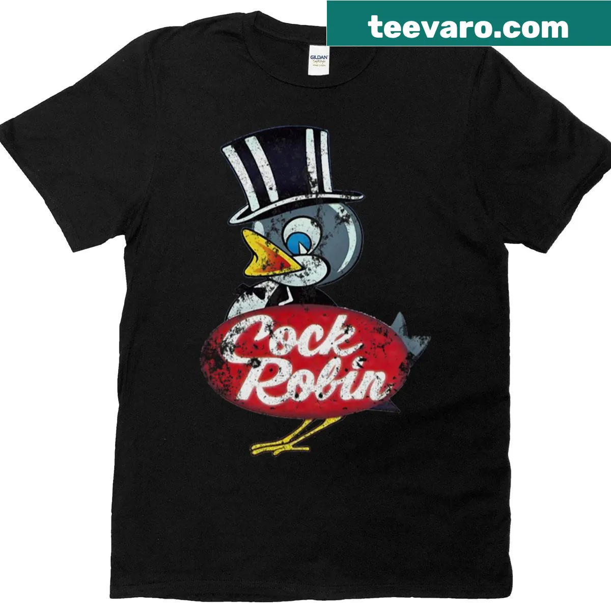 Minimalist design Cock Robin band t-shirt featuring their name — on a men's t-shirt