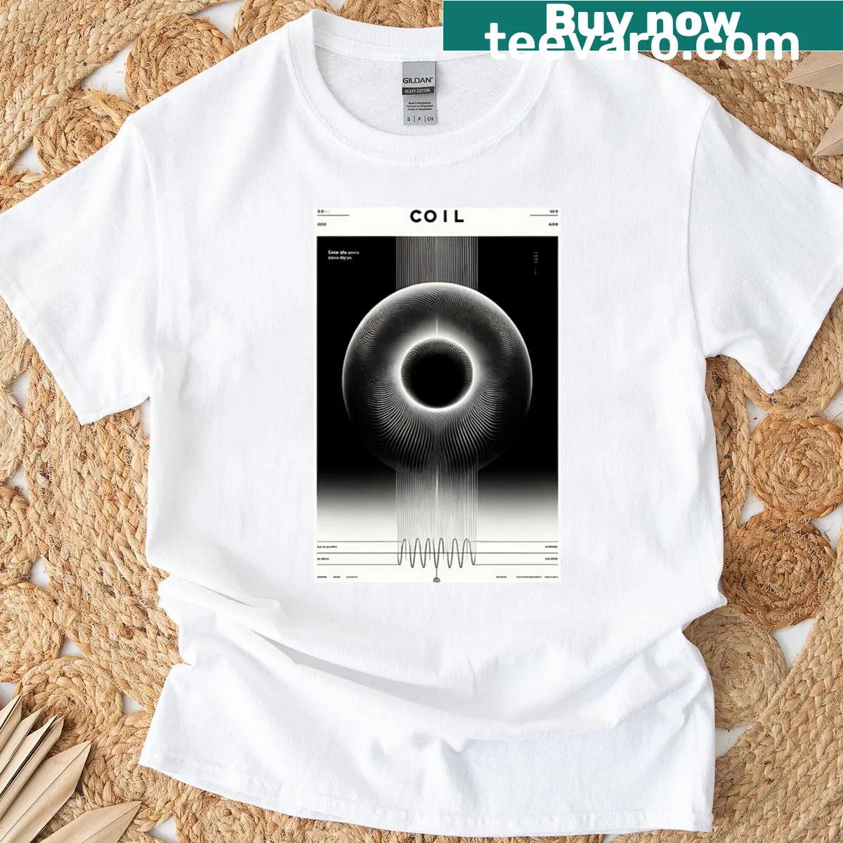 Original T-shirt featuring bold typographic design of the word 'Coil'. — on a men's t-shirt