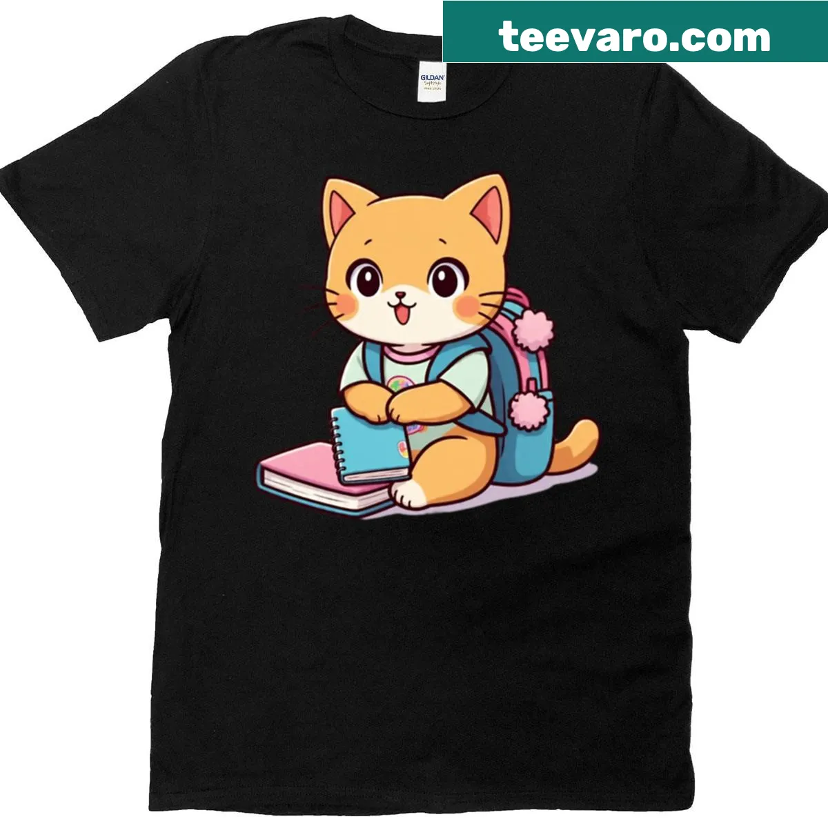 Illustration of a cat with school supplies on a t-shirt — on a men's t-shirt