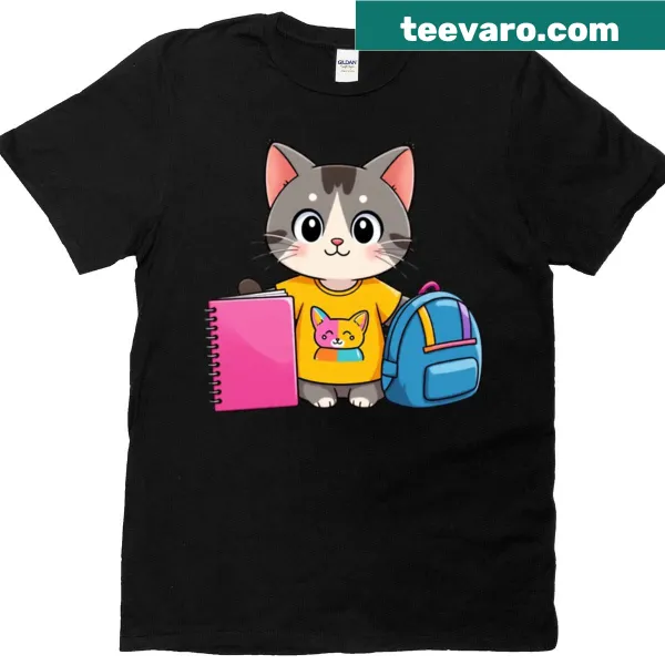 Cute cat graphic with a notebook and backpack