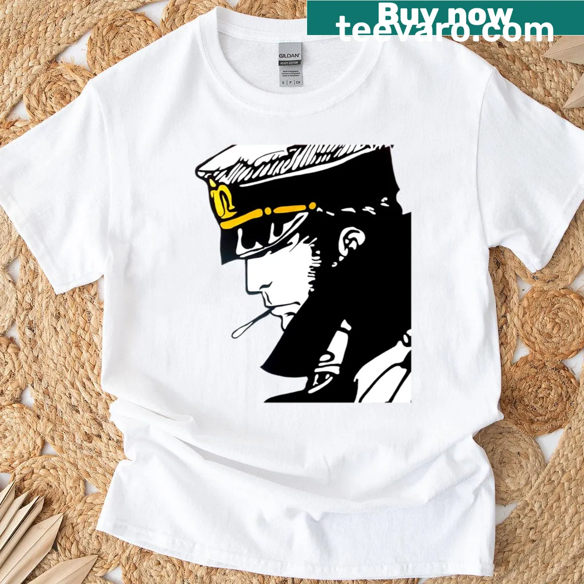 T-shirt featuring an illustration of Corto Maltese — on a men's t-shirt