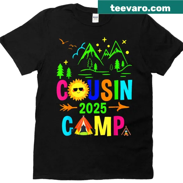 Cartoon T-shirt depicting a campfire scene for kids attending Cousin Camp.