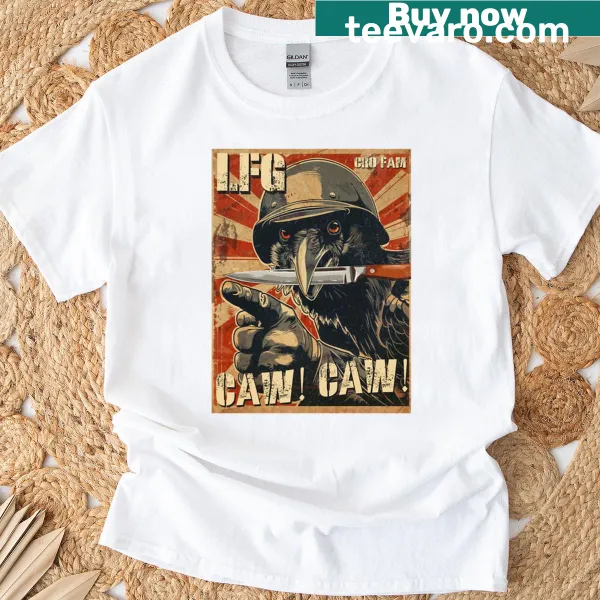 Illustrative t-shirt featuring a crow with a knife in a whimsical design