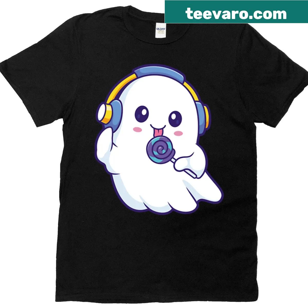 Cartoon ghost with headphones eating a lollipop on a t-shirt — on a men's t-shirt