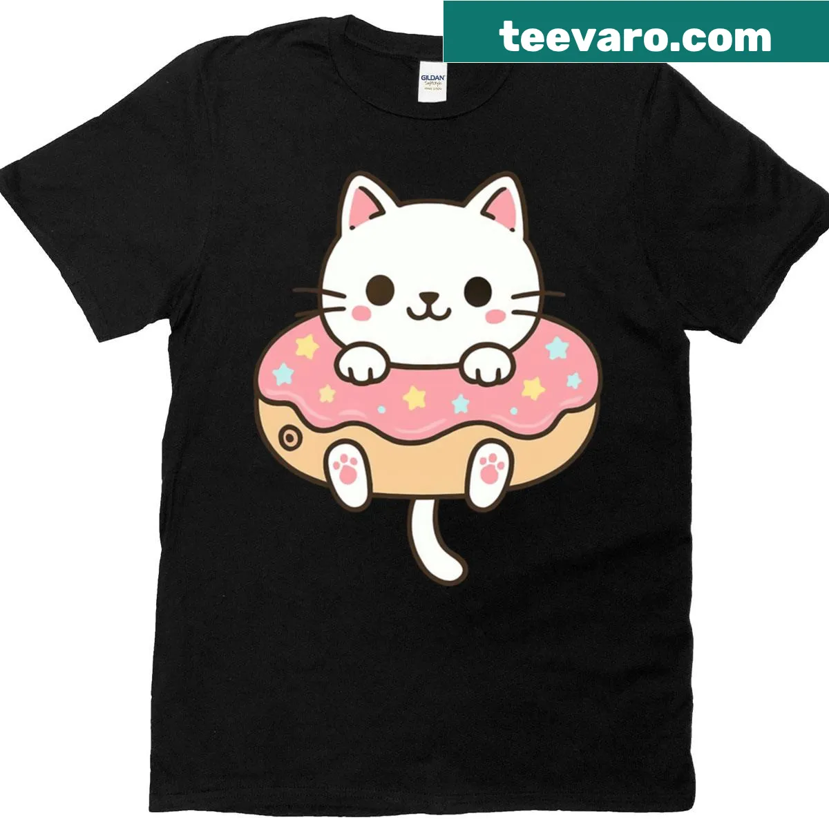 Cartoon kitty inside a donut graphic on T-shirt — on a men's t-shirt