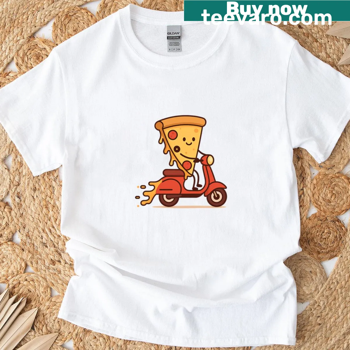 Cartoon pizza slice riding a scooter on an oversized T-shirt — on a men's t-shirt