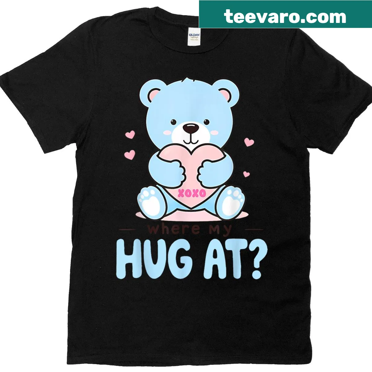 Cute teddy bear design asking 'Where my hug at?' — on a men's t-shirt
